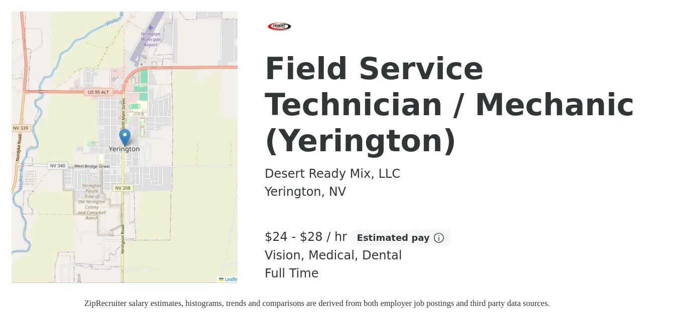 Desert Ready Mix, LLC job posting for a Field Service Technician / Mechanic (Yerington) in Yerington, NV with a salary of $25 to $30 Hourly and benefits including medical, pto, vision, and dental with a map of Yerington location.