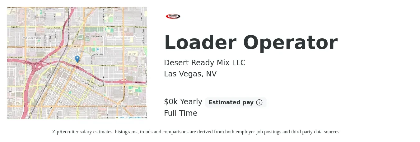 Desert Ready Mix LLC job posting for a Loader Operator in Las Vegas, NV with a salary of $20 to $25 Yearly with a map of Las Vegas location.