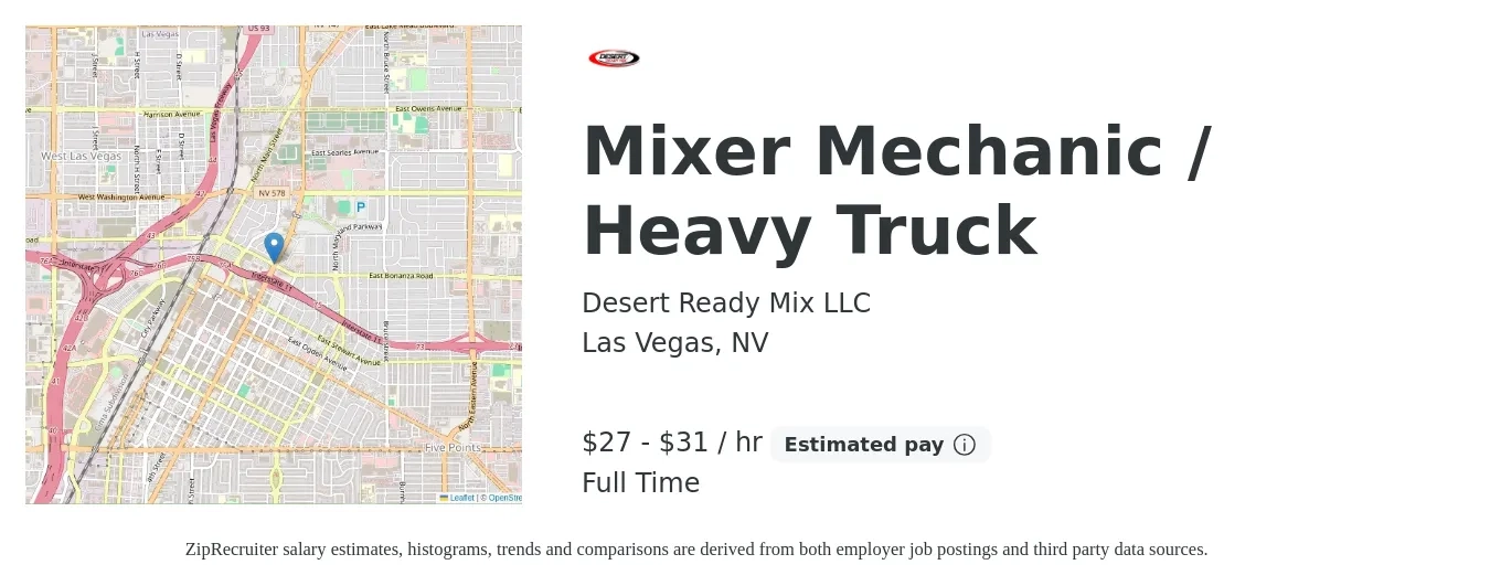 Desert Ready Mix LLC job posting for a Mixer Mechanic / Heavy Truck in Las Vegas, NV with a salary of $29 to $33 Hourly with a map of Las Vegas location.