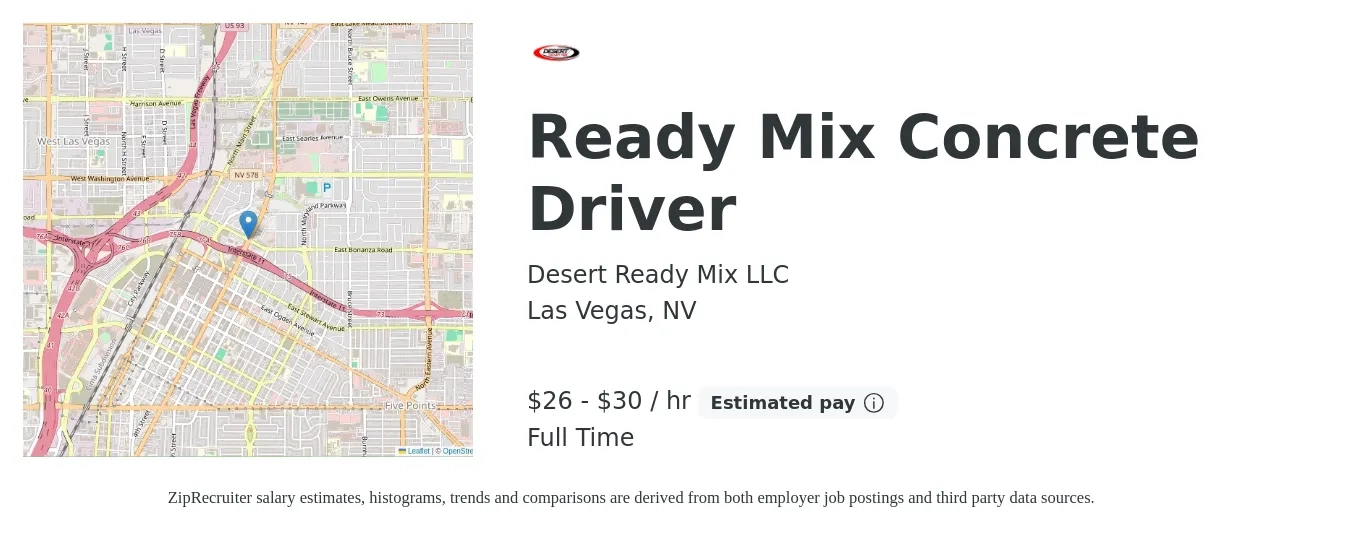 Desert Ready Mix LLC job posting for a Ready Mix Concrete Driver in Las Vegas, NV with a salary of $28 to $32 Hourly with a map of Las Vegas location.