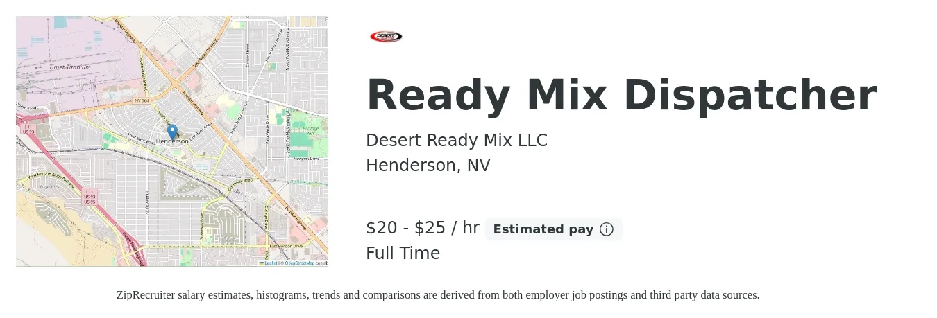 Desert Ready Mix LLC job posting for a Ready Mix Dispatcher in Henderson, NV with a salary of $21 to $26 Hourly with a map of Henderson location.