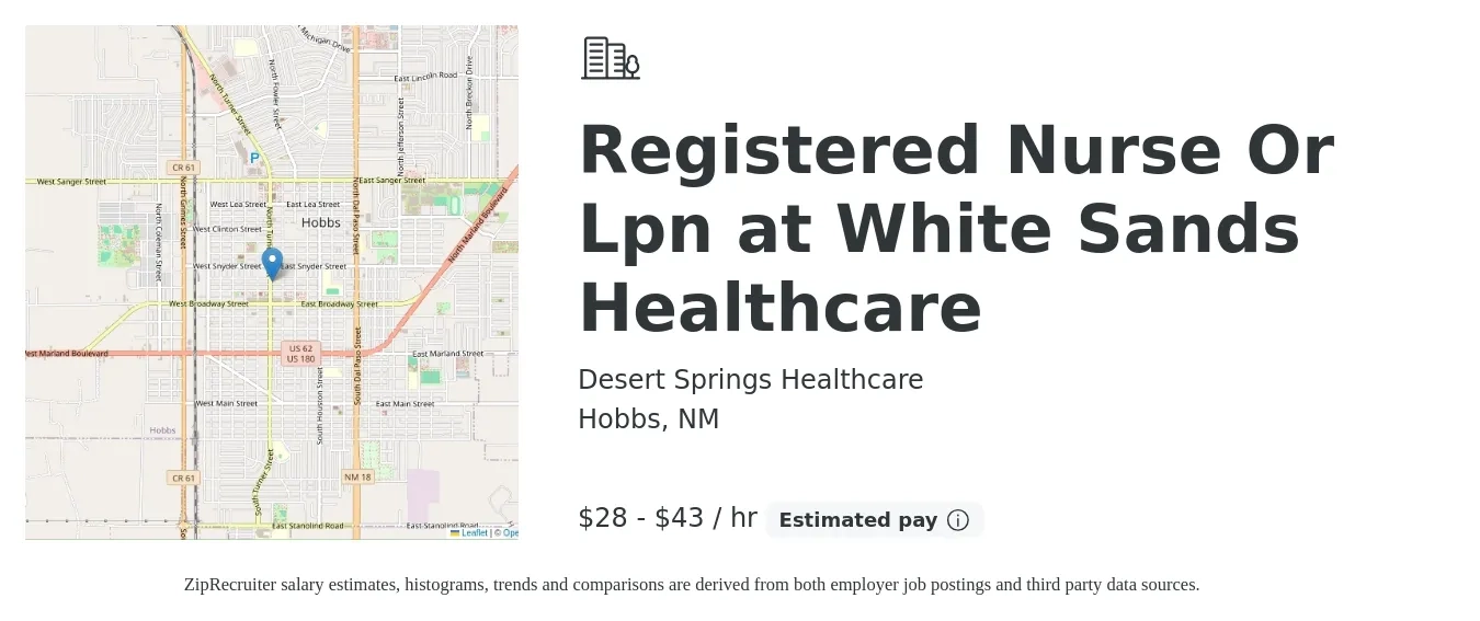 Desert Springs Healthcare job posting for a Registered Nurse Or Lpn at White Sands Healthcare in Hobbs, NM with a salary of $30 to $45 Hourly with a map of Hobbs location.