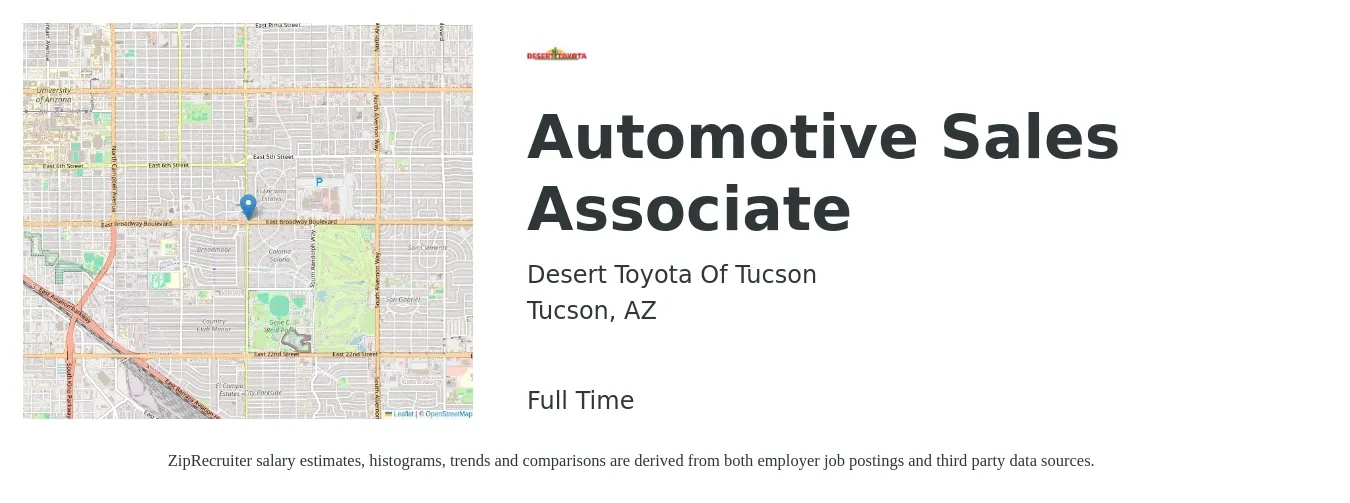 Desert Toyota Of Tucson job posting for a Automotive Sales Associate in Tucson, AZ with a salary of $15 to $24 Hourly with a map of Tucson location.