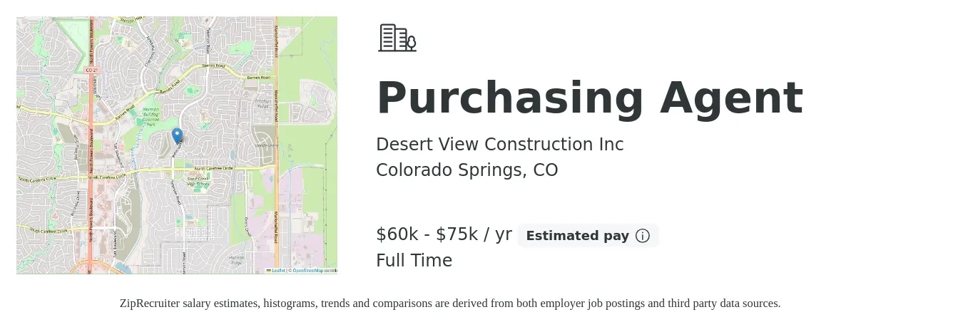 Desert View Construction Inc job posting for a Purchasing Agent in Colorado Springs, CO with a salary of $60,000 to $75,000 Yearly with a map of Colorado Springs location.