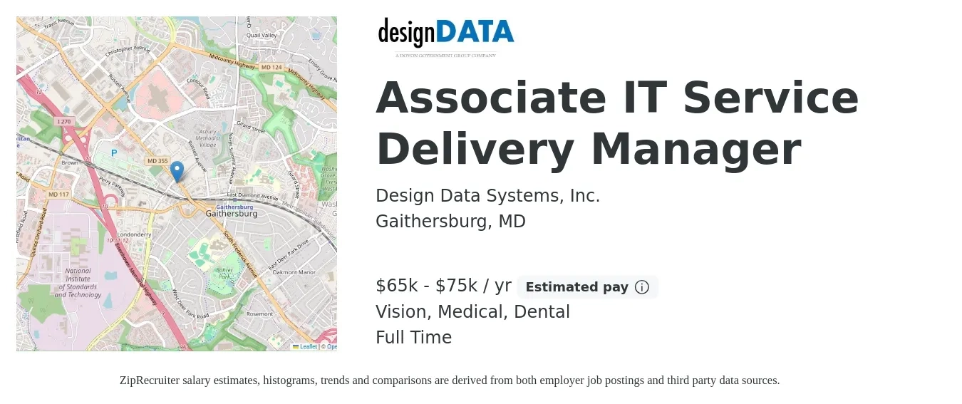 Design Data Systems, Inc. job posting for a Associate IT Service Delivery Manager in Gaithersburg, MD with a salary of $65,000 to $75,000 Yearly and benefits including dental, life_insurance, medical, pto, retirement, and vision with a map of Gaithersburg location.