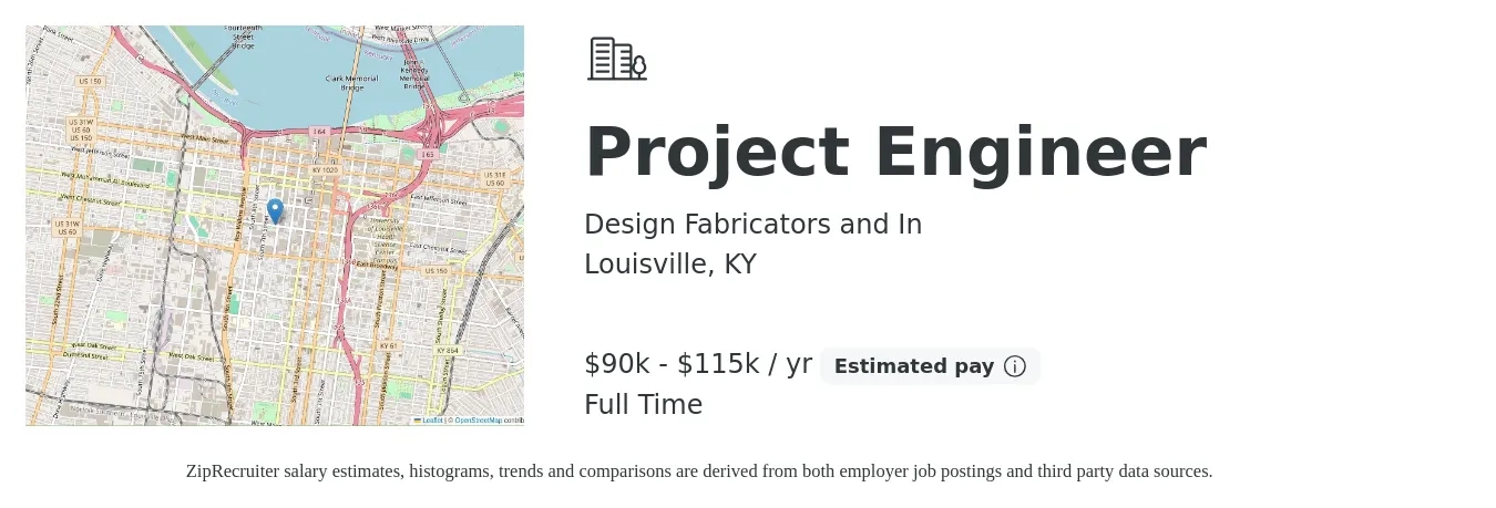 Design Fabricators and In job posting for a Project Engineer in Louisville, KY with a salary of $90,000 to $115,000 Yearly with a map of Louisville location.