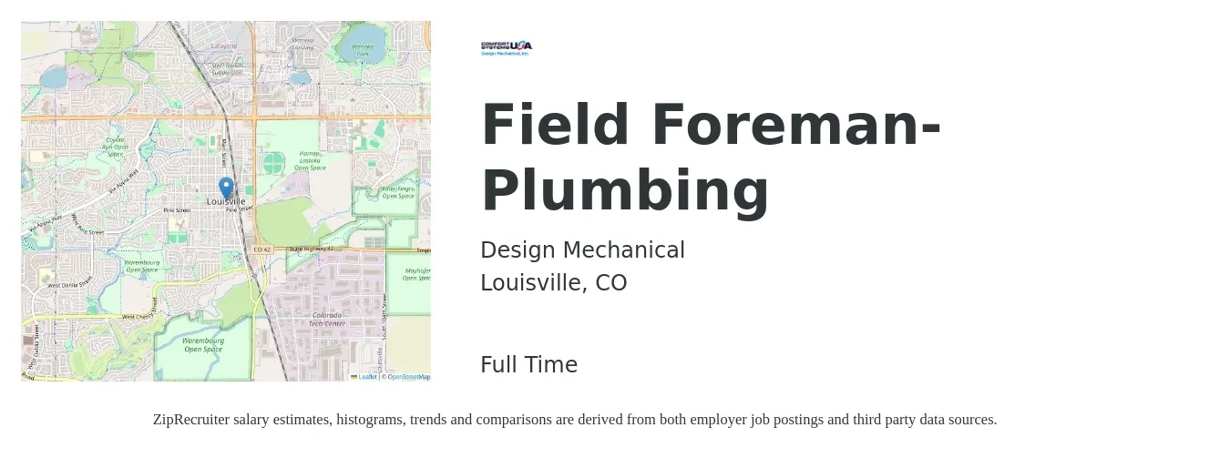 Design Mechanical job posting for a Field Foreman- Plumbing in Louisville, CO with a salary of $33 to $44 Hourly with a map of Louisville location.