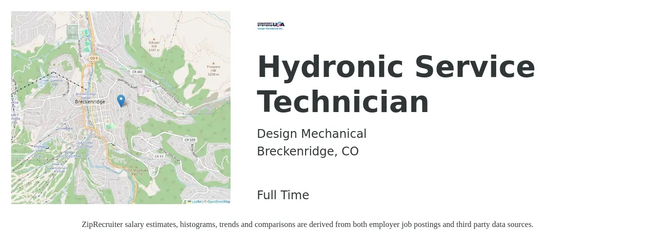 Design Mechanical job posting for a Hydronic Service Technician in Breckenridge, CO with a salary of $40 to $55 Hourly with a map of Breckenridge location.
