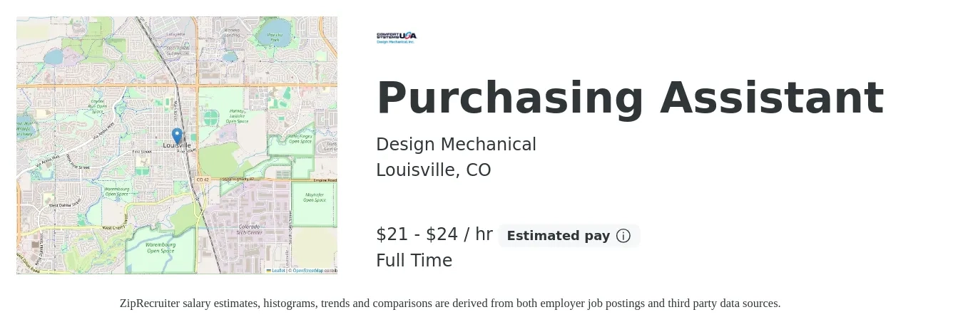 Design Mechanical, Inc. job posting for a Purchasing Assistant in Louisville, CO with a salary of $22 to $25 Hourly with a map of Louisville location.