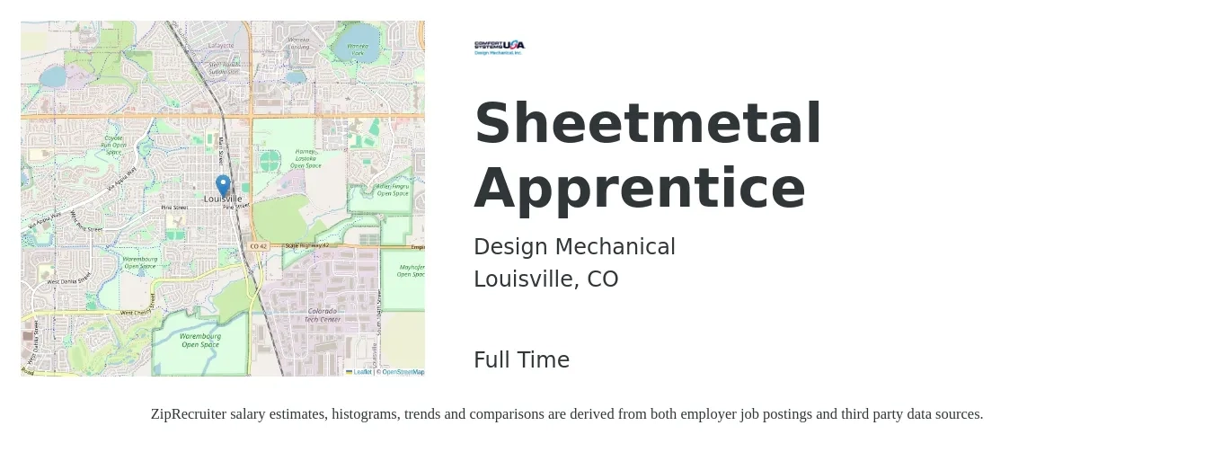 Design Mechanical job posting for a Sheetmetal Apprentice in Louisville, CO with a salary of $20 to $28 Hourly with a map of Louisville location.