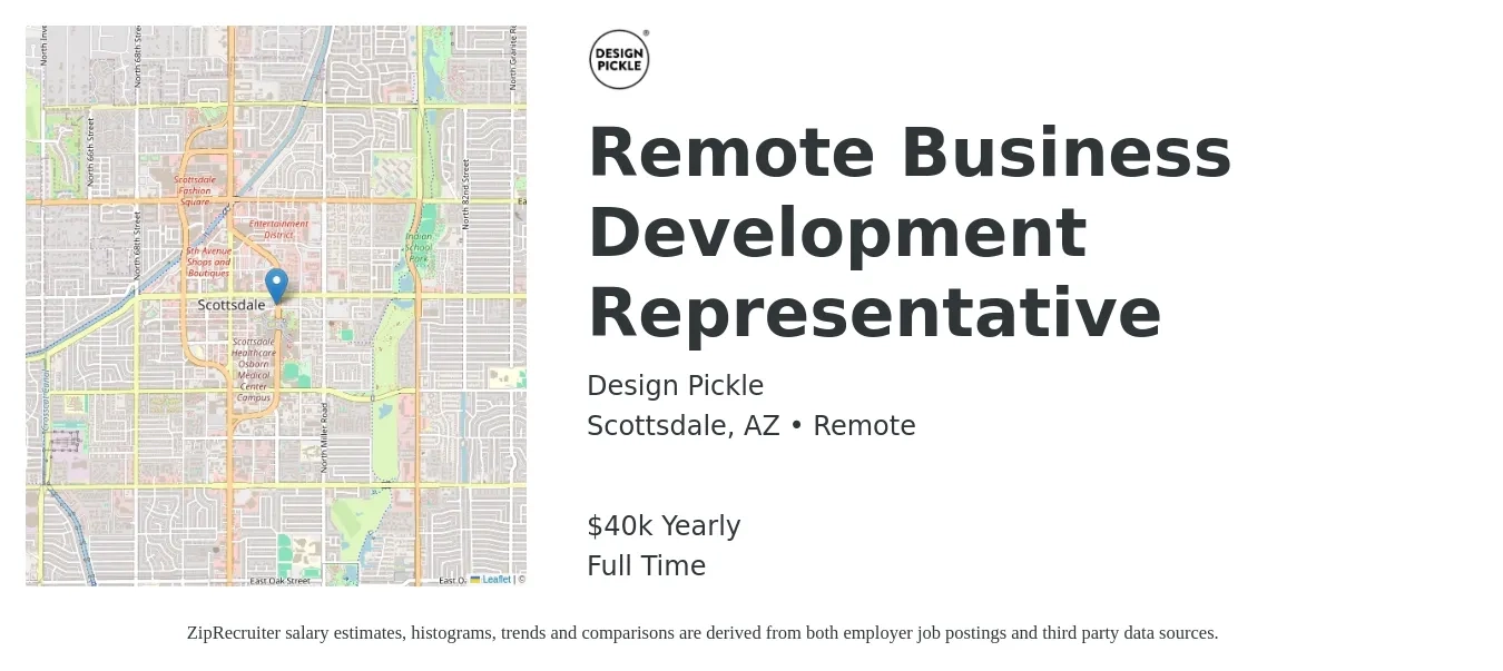Design Pickle job posting for a Remote Business Development Representative in Scottsdale, AZ with a salary of $40,000 Yearly with a map of Scottsdale location.