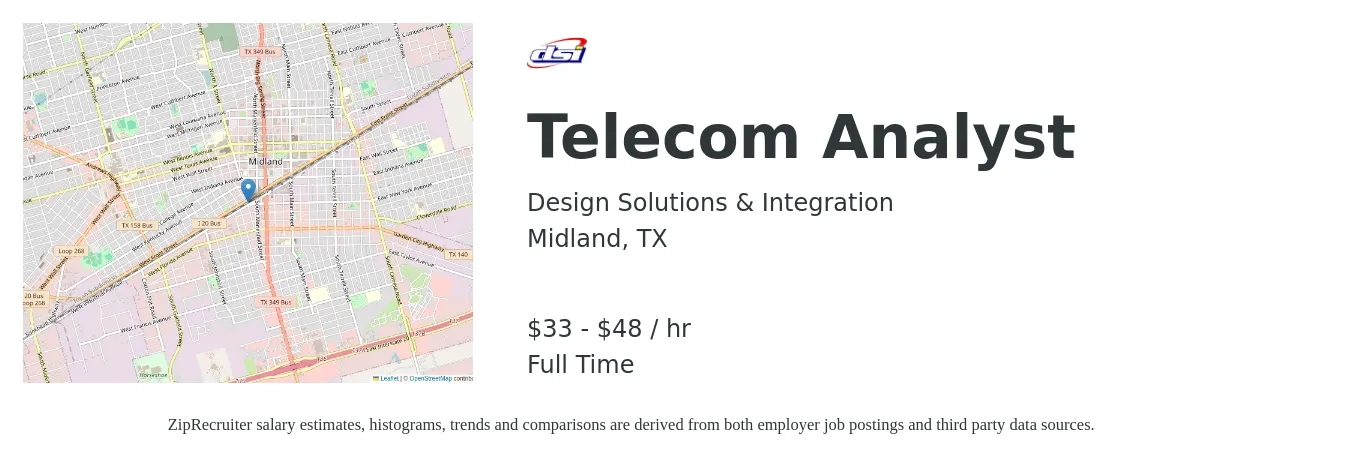 Design Solutions & Integration job posting for a Telecom Analyst in Midland, TX with a salary of $35 to $50 Hourly with a map of Midland location.