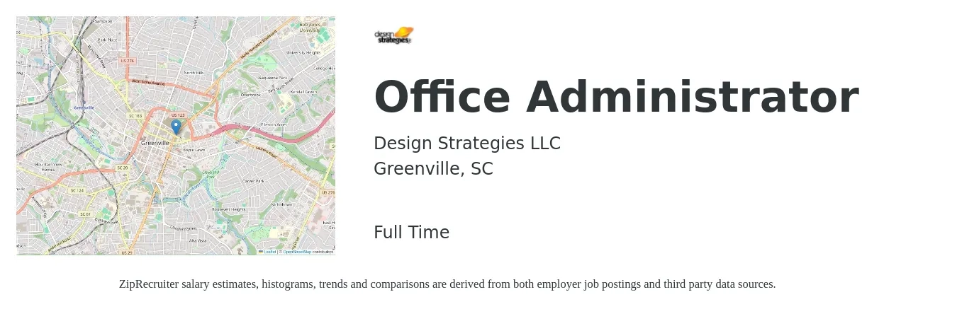 Design Strategies LLC job posting for a Office Administrator in Greenville, SC with a salary of $17 to $23 Hourly with a map of Greenville location.