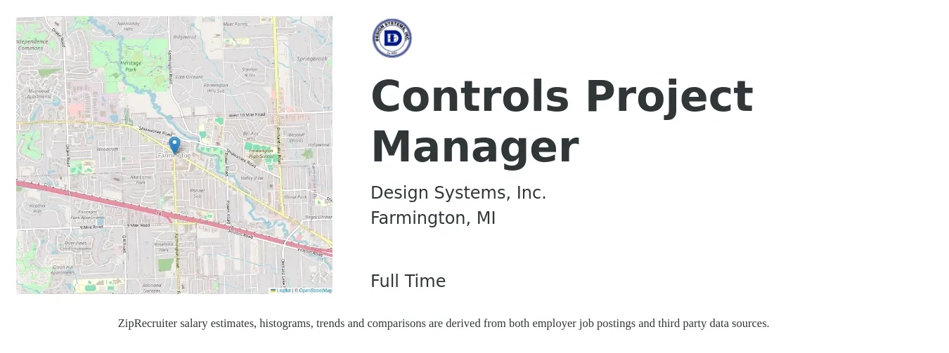 Design Systems, Inc. job posting for a Controls Project Manager in Farmington, MI with a salary of $37 to $52 Hourly with a map of Farmington location.