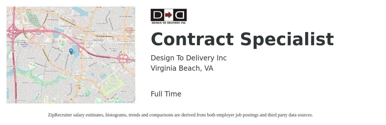 Design To Delivery Inc job posting for a Contract Specialist in Virginia Beach, VA with a salary of $54,100 to $93,500 Yearly with a map of Virginia Beach location.