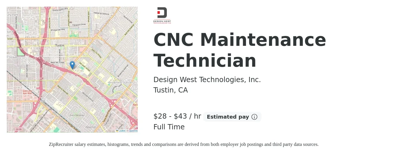 Design West Technologies, Inc. job posting for a CNC Maintenance Technician in Tustin, CA with a salary of $25 to $40 Hourly with a map of Tustin location.