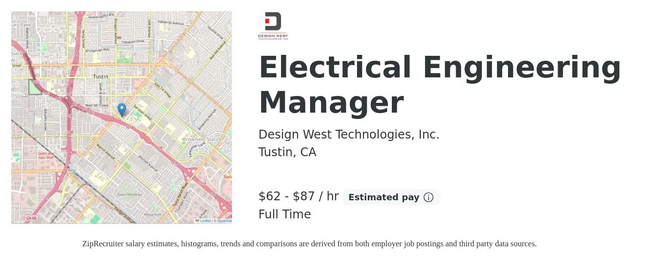 Design West Technologies, Inc. job posting for a Electrical Engineering Manager in Tustin, CA with a salary of $135,000 to $190,000 Yearly with a map of Tustin location.