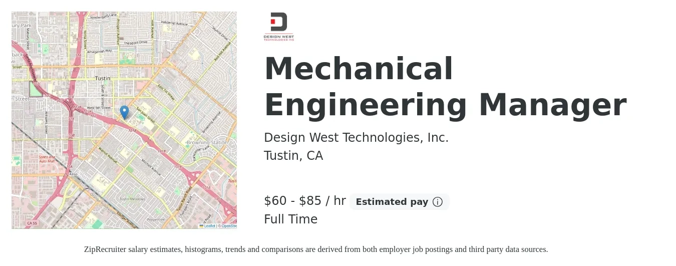 Design West Technologies, Inc. job posting for a Mechanical Engineering Manager in Tustin, CA with a salary of $130,000 to $185,000 Yearly with a map of Tustin location.
