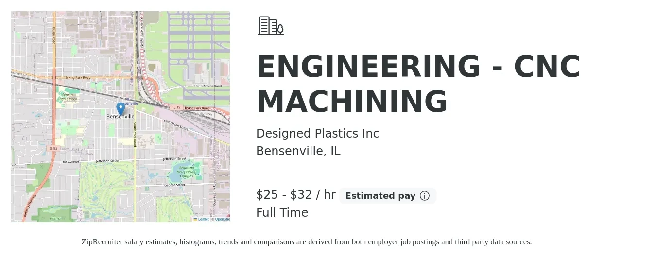 Designed Plastics Inc job posting for a ENGINEERING - CNC MACHINING in Bensenville, IL with a salary of $27 to $34 Hourly with a map of Bensenville location.