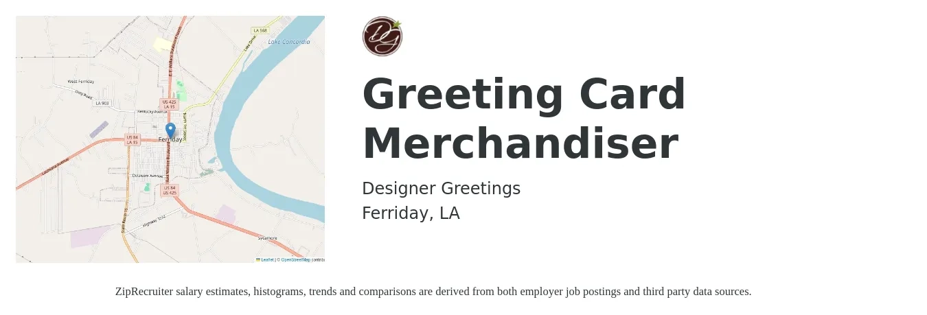 Designer Greetings job posting for a Greeting Card Merchandiser in Ferriday, LA with a salary of $14 to $17 Hourly with a map of Ferriday location.