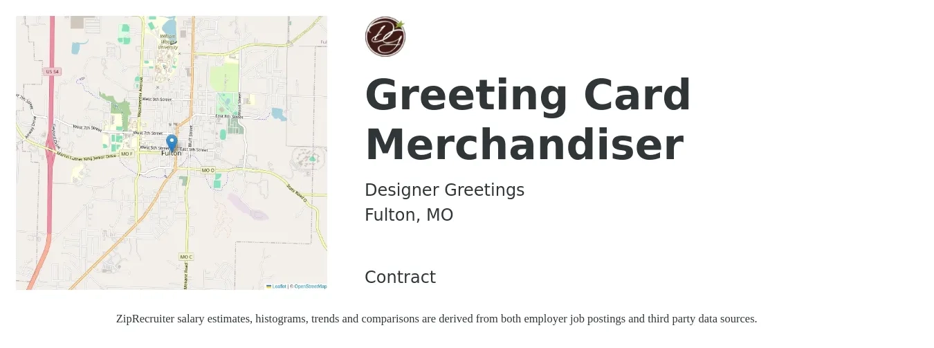 Designer Greetings job posting for a Greeting Card Merchandiser in Fulton, MO with a salary of $14 to $17 Hourly with a map of Fulton location.