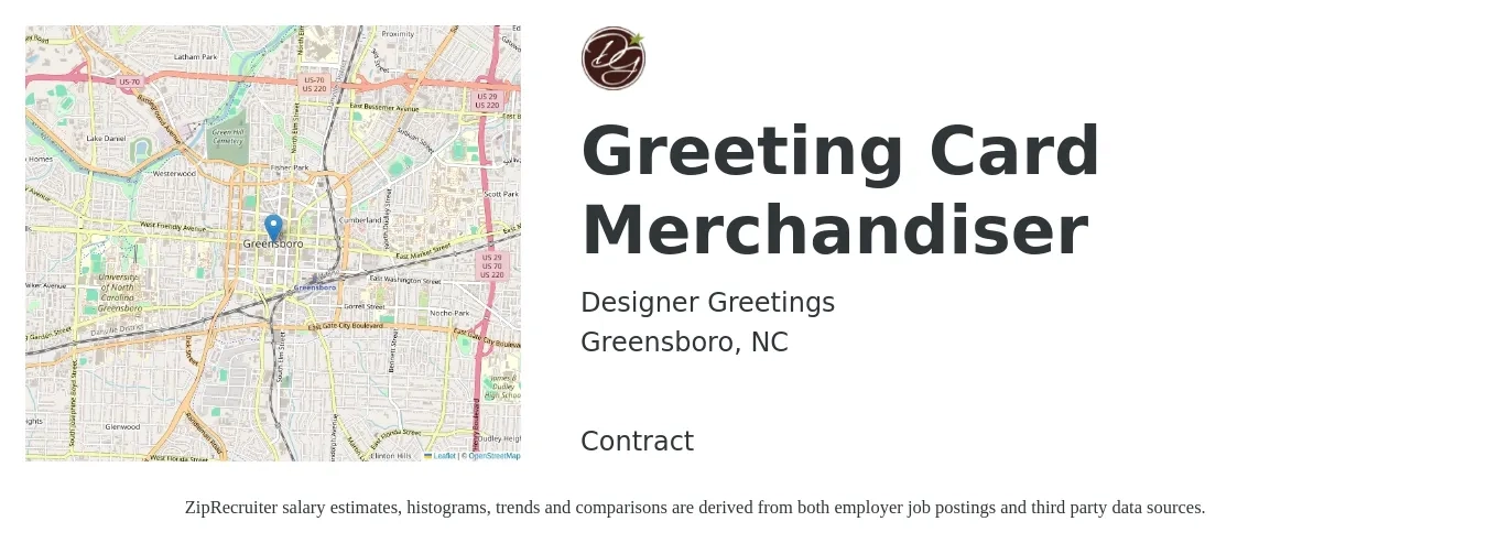 Designer Greetings job posting for a Greeting Card Merchandiser in Greensboro, NC with a salary of $16 to $20 Hourly with a map of Greensboro location.