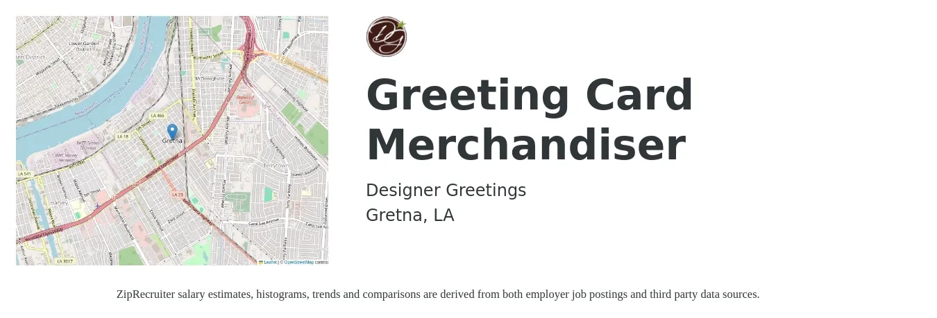 Designer Greetings job posting for a Greeting Card Merchandiser in Gretna, LA with a salary of $14 to $17 Hourly with a map of Gretna location.