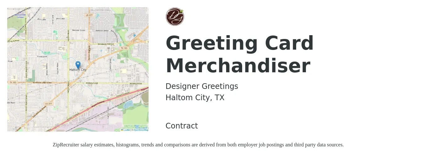 Designer Greetings job posting for a Greeting Card Merchandiser in Haltom City, TX with a salary of $15 to $18 Hourly with a map of Haltom City location.