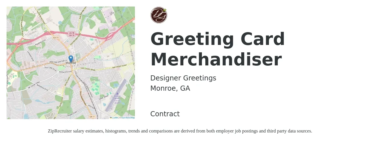 Designer Greetings job posting for a Greeting Card Merchandiser in Monroe, GA with a salary of $16 to $18 Hourly with a map of Monroe location.