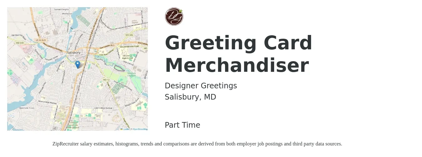 Designer Greetings job posting for a Greeting Card Merchandiser in Salisbury, MD with a salary of $17 to $20 Hourly with a map of Salisbury location.