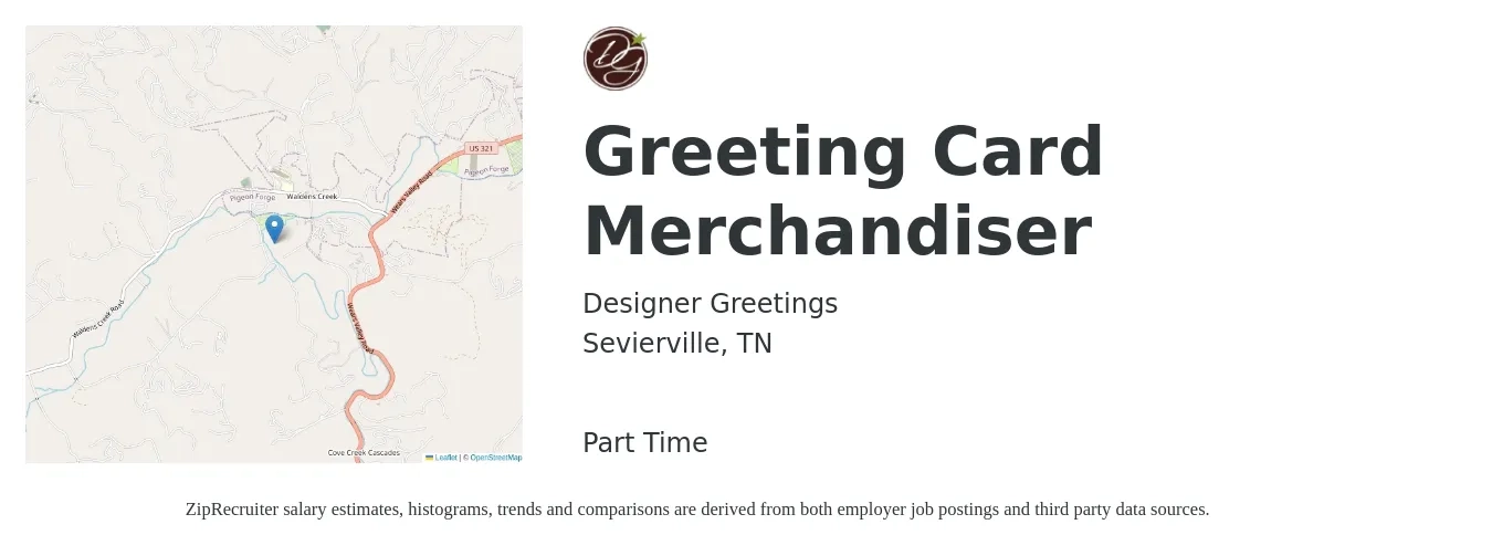 Designer Greetings job posting for a Greeting Card Merchandiser in Sevierville, TN with a salary of $15 to $18 Hourly with a map of Sevierville location.