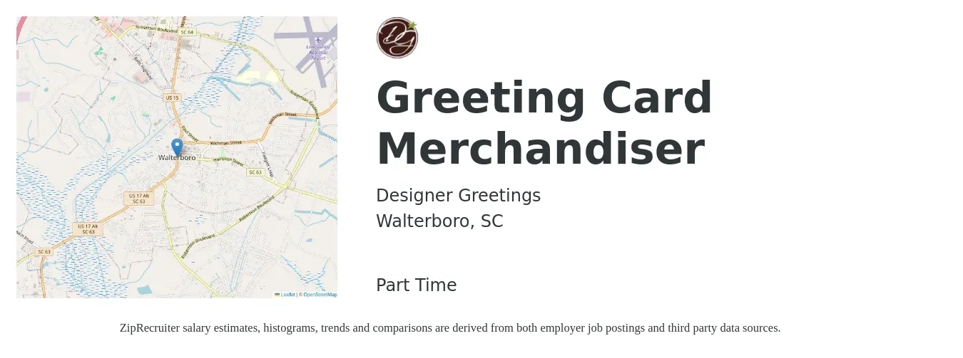 Designer Greetings job posting for a Greeting Card Merchandiser in Walterboro, SC with a salary of $14 to $17 Hourly with a map of Walterboro location.
