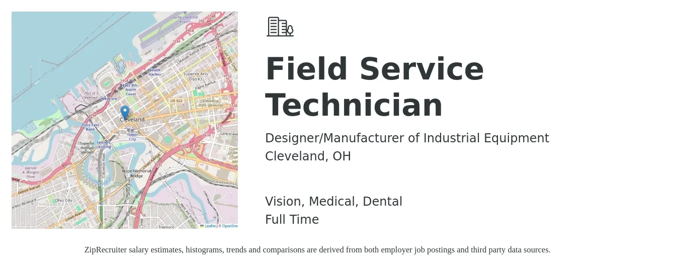Designer/Manufacturer of Industrial Equipment job posting for a Field Service Technician in Cleveland, OH with a salary of $20 to $29 Hourly and benefits including dental, life_insurance, medical, pto, retirement, and vision with a map of Cleveland location.