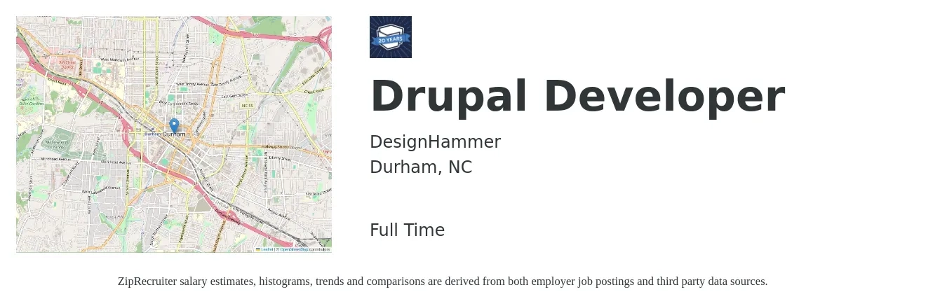 DesignHammer job posting for a Drupal Developer in Durham, NC with a salary of $86,700 to $121,100 Yearly with a map of Durham location.