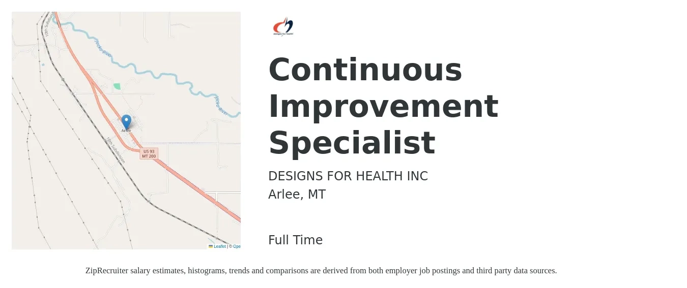 DESIGNS FOR HEALTH INC job posting for a Continuous Improvement Specialist in Arlee, MT with a salary of $63,700 to $81,500 Yearly with a map of Arlee location.