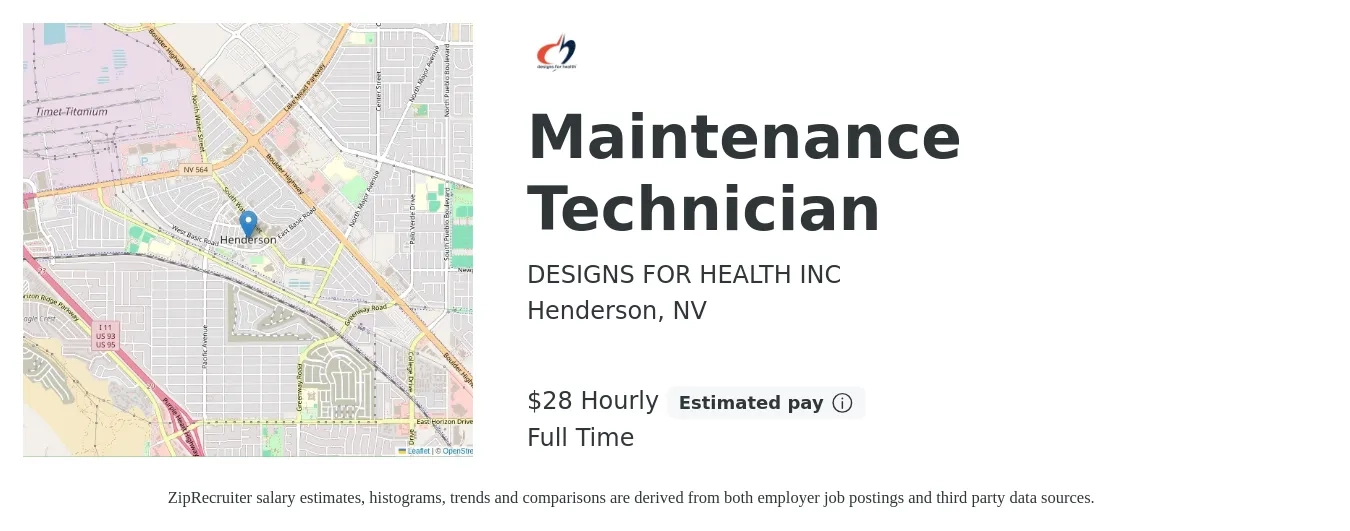 DESIGNS FOR HEALTH INC job posting for a Maintenance Technician in Henderson, NV with a salary of $30 Hourly with a map of Henderson location.