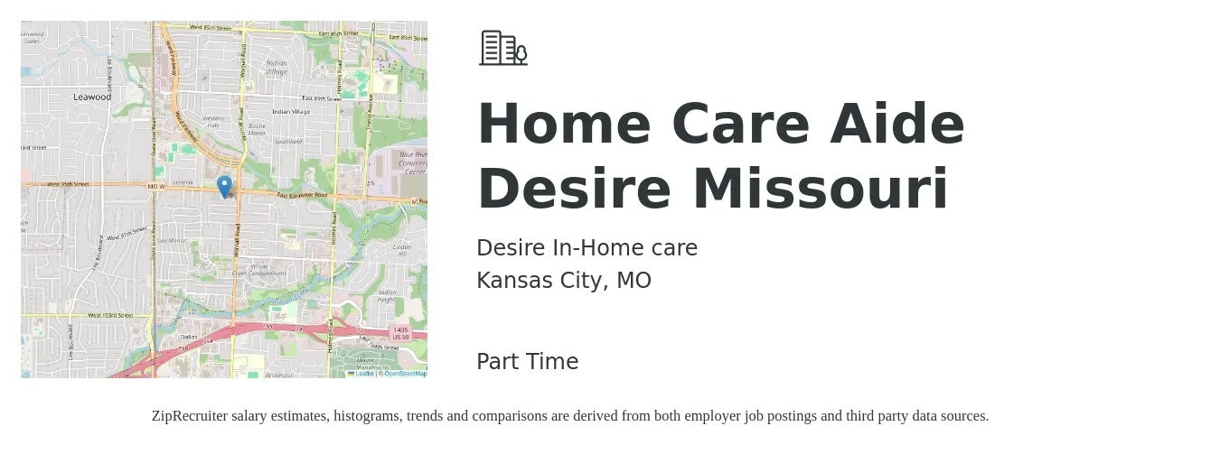 Desire In-Home care job posting for a Home Care Aide Desire Missouri in Kansas City, MO with a salary of $14 to $18 Hourly with a map of Kansas City location.