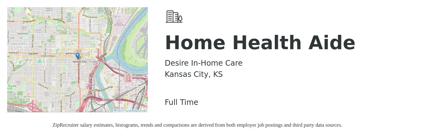 Desire In-Home Care job posting for a Home Health Aide in Kansas City, KS with a salary of $14 to $18 Hourly with a map of Kansas City location.