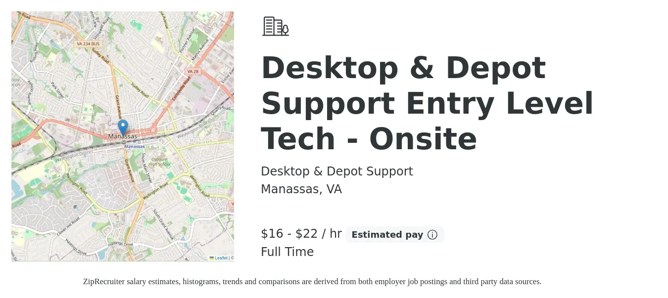 Desktop & Depot Support job posting for a Desktop & Depot Support Entry Level Tech - Onsite in Manassas, VA with a salary of $17 to $23 Hourly with a map of Manassas location.