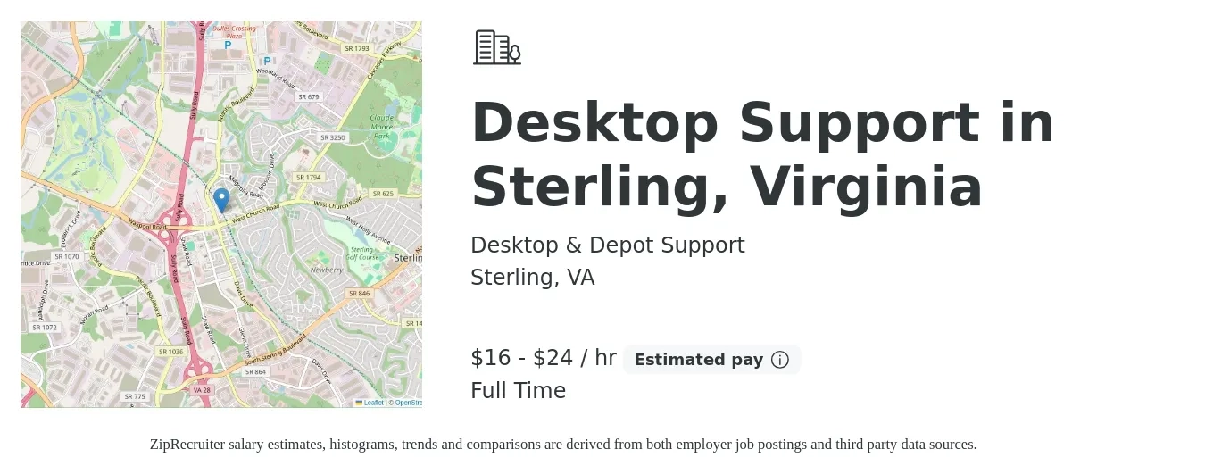 Desktop & Depot Support job posting for a Desktop Support in Sterling, Virginia in Sterling, VA with a salary of $17 to $25 Hourly with a map of Sterling location.