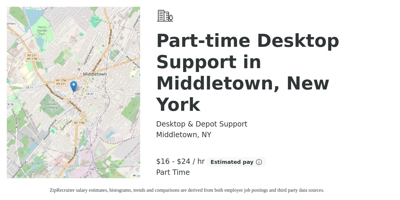 Desktop & Depot Support job posting for a Part-time Desktop Support in Middletown, New York in Middletown, NY with a salary of $17 to $25 Hourly with a map of Middletown location.