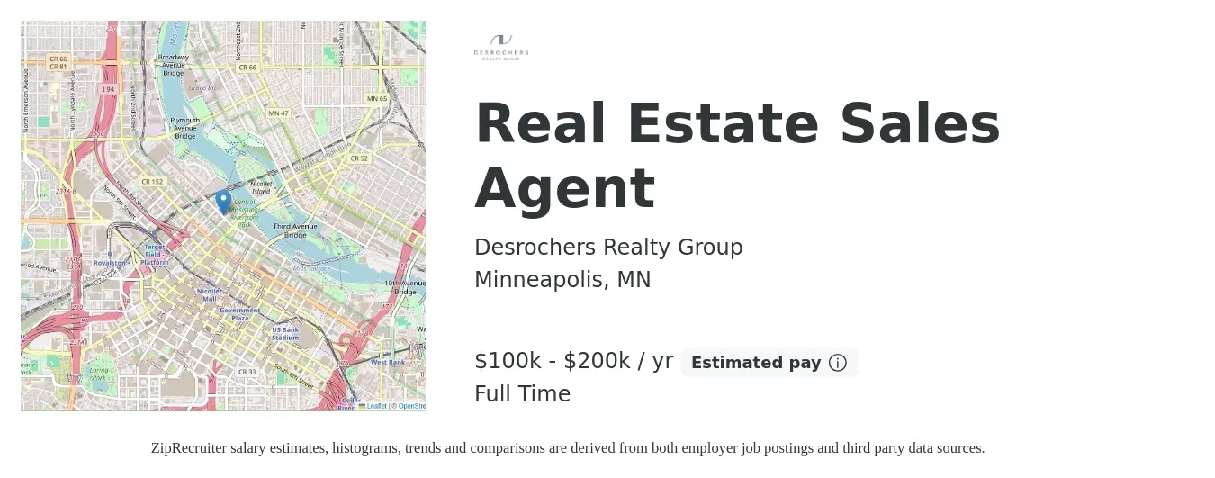 Desrochers Realty Group job posting for a Real Estate Sales Agent in Minneapolis, MN with a salary of $100,000 to $200,000 Yearly with a map of Minneapolis location.