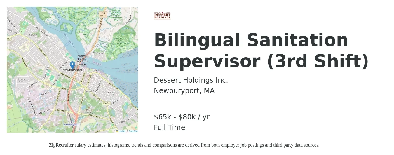 Dessert Holdings Inc. job posting for a Bilingual Sanitation Supervisor (3rd Shift) in Newburyport, MA with a salary of $65,000 to $80,000 Yearly with a map of Newburyport location.