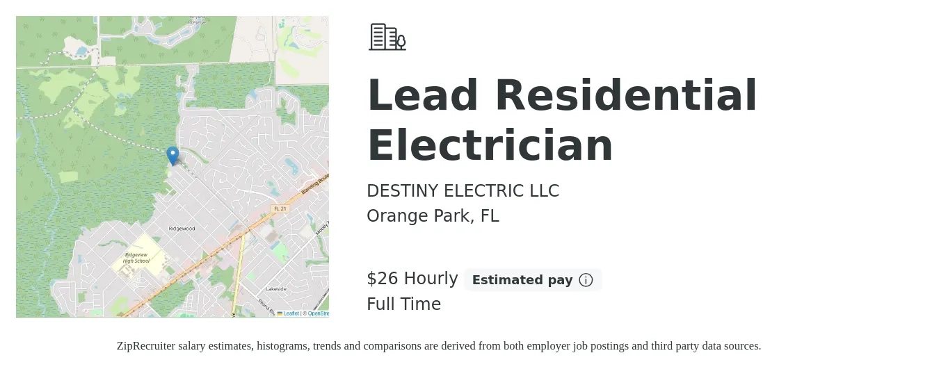 DESTINY ELECTRIC LLC job posting for a Lead Residential Electrician in Orange Park, FL with a salary of $28 Hourly with a map of Orange Park location.