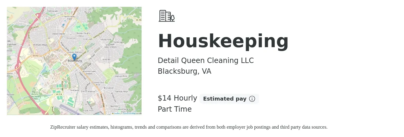 Detail Queen Cleaning LLC job posting for a Houskeeping in Blacksburg, VA with a salary of $15 Hourly with a map of Blacksburg location.