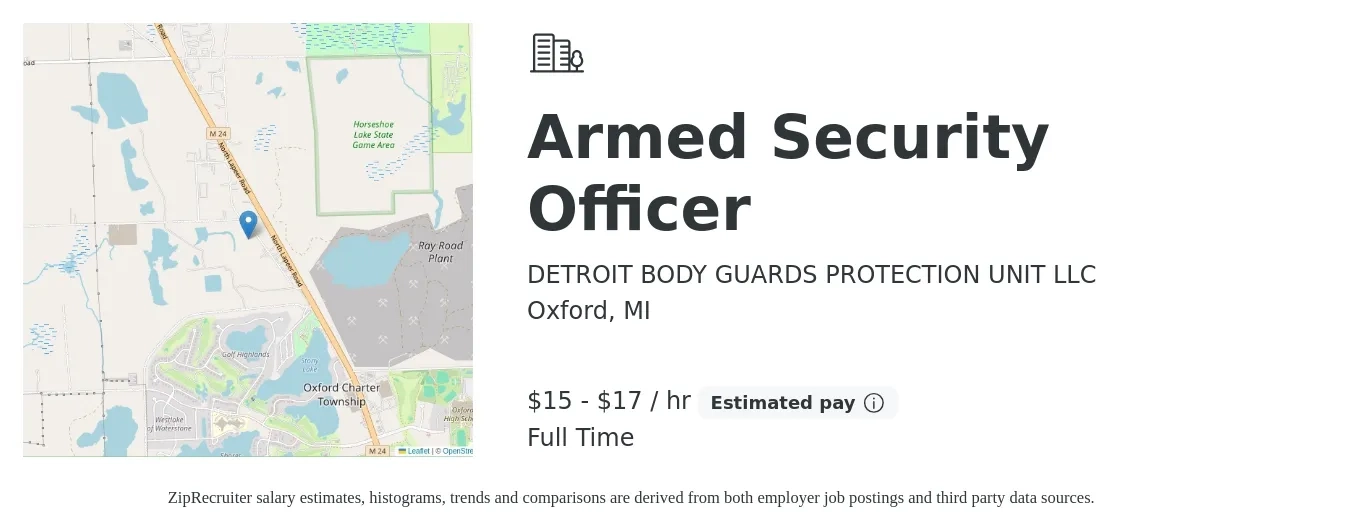 DETROIT BODY GUARDS PROTECTION UNIT LLC job posting for a Armed Security Officer in Oxford, MI with a salary of $13 to $20 Hourly with a map of Oxford location.