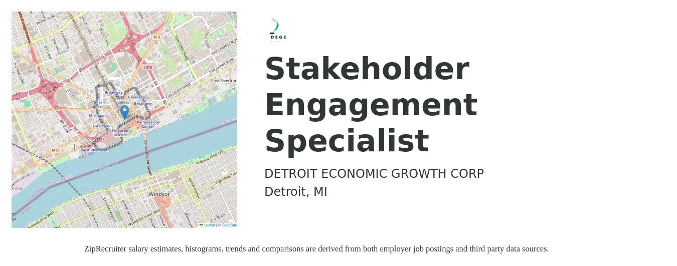 DETROIT ECONOMIC GROWTH CORP job posting for a Stakeholder Engagement Specialist in Detroit, MI with a salary of $60,000 to $70,000 Yearly with a map of Detroit location.