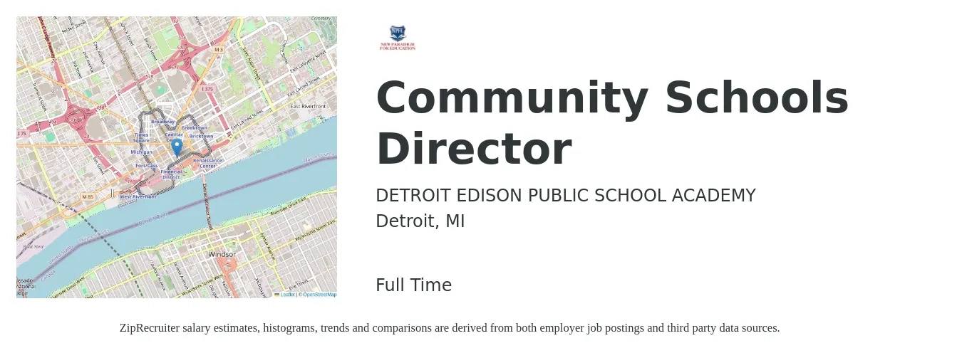 DETROIT EDISON PUBLIC SCHOOL ACADEMY job posting for a Community Schools Director in Detroit, MI with a salary of $55,900 to $95,200 Yearly with a map of Detroit location.
