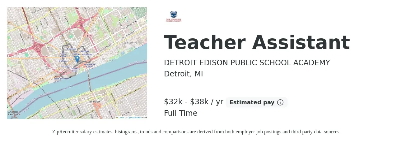DETROIT EDISON PUBLIC SCHOOL ACADEMY job posting for a Teacher Assistant in Detroit, MI with a salary of $32,000 to $38,000 Yearly with a map of Detroit location.