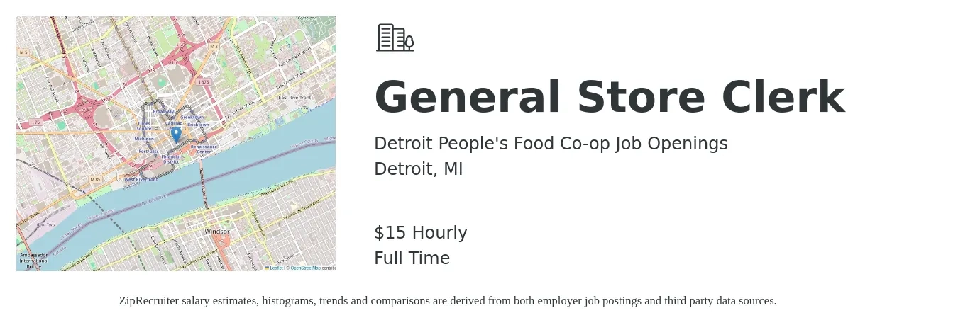Detroit People's Food Co-op Job Openings job posting for a General Store Clerk in Detroit, MI with a salary of $16 Hourly with a map of Detroit location.